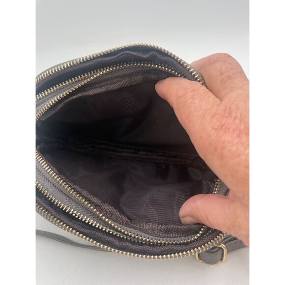 Brown Faux Leather Crossbody Bag With Gold Double Zippers Antler Logo 8x5 in - Picture 9 of 12